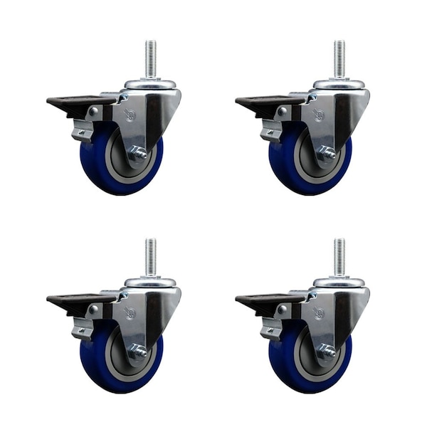 Service Caster 35 Inch Blue Polyurethane Wheel Swivel 58 Inch Threaded Stem Caster Set with Brake SCC SCC-TS20S3514-PPUB-BLUE-PLB-58212-4 - main